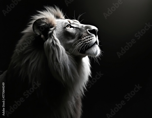 Powerful lion portrait against dark backdrop. Regal cat looks upward. Stunning monochrome animal photo conveys strength. Predator in black and white represents wild nature.