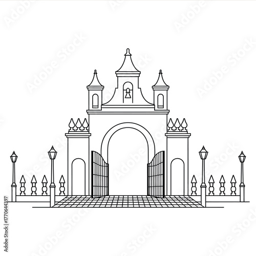 Ornate entrance gate with arched opening and decorative towers