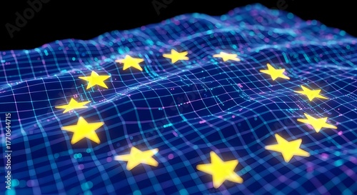 European Union digital network and communication systems. Data regulation and global connectivity concept. EU flag overlaid with a glowing blue digital wireframe grid and stars