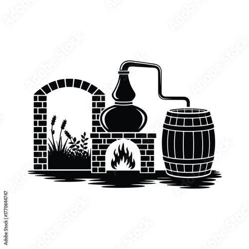 Distillery equipment with barrel and archway illustration