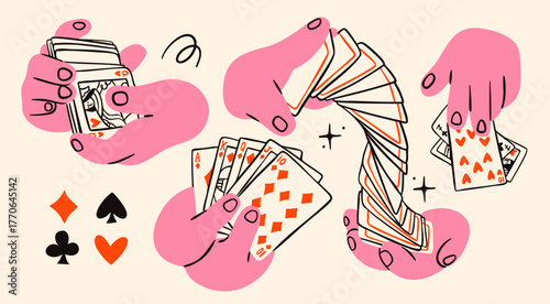 Hands shuffle, hold, take cards, playing cards, card suits. Hand drawn trendy Vector illustration. Tournament, casino, poker, gambling, game, croupier, entertainment concept. Isolated design elements