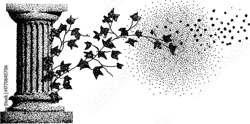 Classic ruins: broken stone column with ivy in black and white art