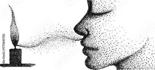 Surreal candle smoke transforming into human face in black and white stipple art