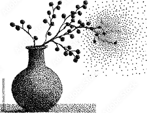 Ceramic vase and botanical art with halftone design for vintage decor