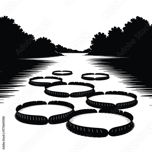 Black and white illustration of lily pads on a calm river