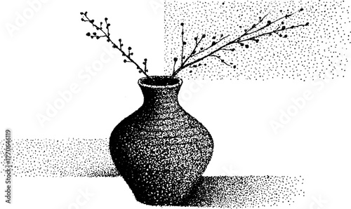 Black and white ceramic vase with minimalist branch design for vintage decor