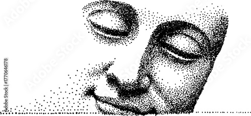 Black and white dotwork illustration of a classical bust with closed eyes