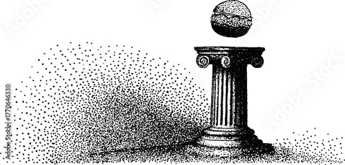 Surreal classical column with ham in black and white stipple effect art