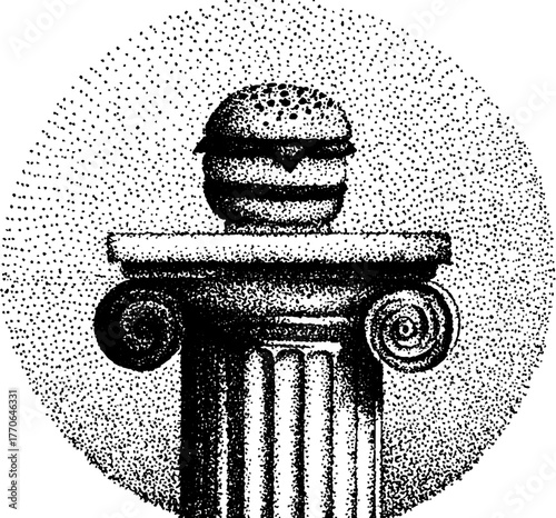 Surreal juxtaposition: classical column with modern ham in dotwork style