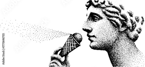 Classical marble bust holding ice cream cone in vintage dotwork style
