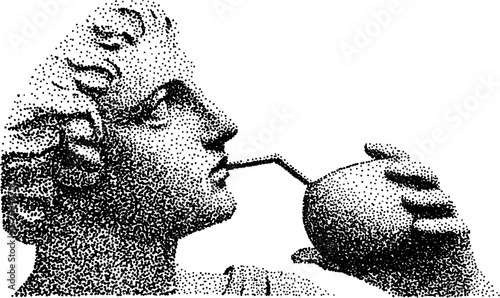Classical marble bust drinking with straw - vintage halftone style artwork