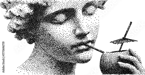 Surreal marble bust enjoying a drink in vintage dotwork style
