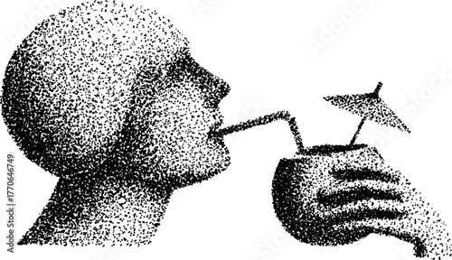 Surreal black and white illustration of cracked marble bust with drink for artistic design