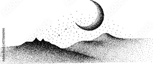 Black and white dotwork crescent moon above peaceful mountain landscape