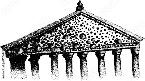 Ancient temple pediment with cracks in black and white illustration for historical art design