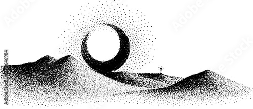 Celestial serenity: crescent moon over tranquil landscape in black and white dotwork