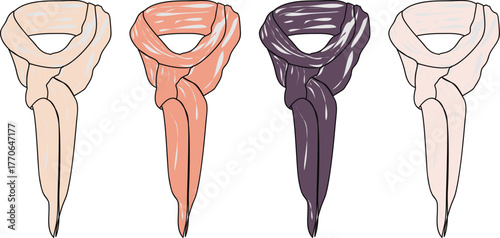A collection of stylish illustrated scarves in various colors, showcasing elegant neckwear fashion accessories perfect for diverse outfits and personal expression