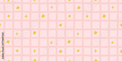 Pastel hand drawn star pattern on pink grid background, cute minimal seamless vector for birthday wrapping paper, kids room decor and holiday textile design