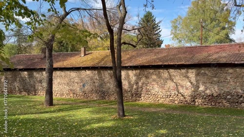building, long, tiles, old, overview, view, movement, shooting, brick, fortress, fence, Europe, trees, park, nature, forest, spring, grass, landscape, leaves, sky, autumn, summer, meadow, oak, rural, 