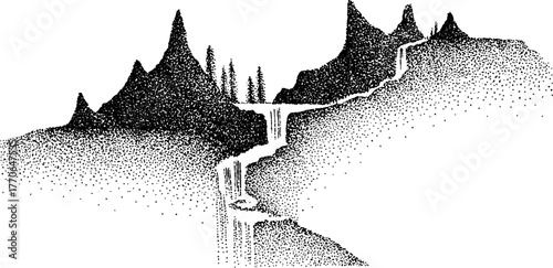 Surreal floating mountain with cascading waterfalls - black and white dotwork for art decor