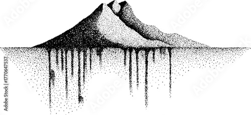 Surreal floating mountain landscape with cascading elements in black and white design