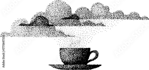 Surreal floating teacup with clouds in dotwork design for creative art projects