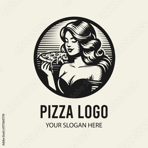 Black and white flat vector logo of a beautiful girl eating a slice of pizza. Stylish food illustration for branding, restaurants, cafes and fast-food designs.