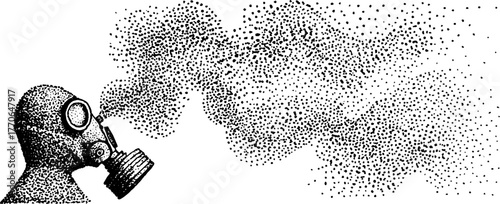 Black and white gas mask with swirls dotwork illustration