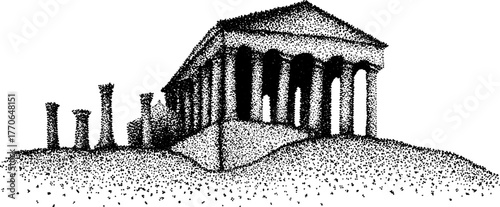 Vintage black and white greco-roman temple facade illustration for artistic projects