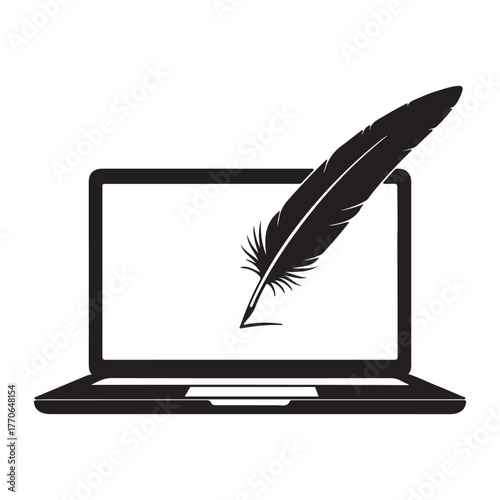 Feather quill on laptop screen isolated on white background
