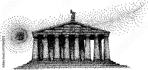 Black and white greco roman temple facade illustration with dotwork effect