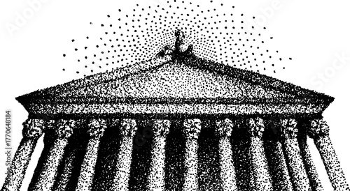 Classic greco-roman temple facade with vintage dotwork effect for historical design projects