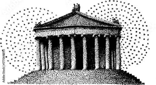 Black and white dotwork of greco roman temple façade for classical design