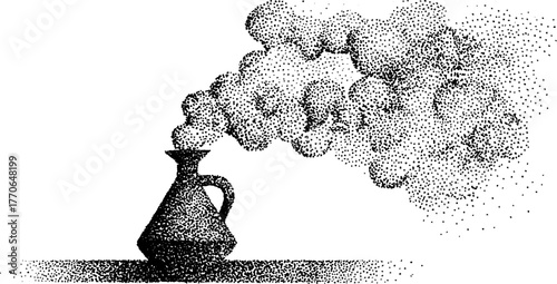 Greek amphora releasing clouds - black and white dotwork illustration for artistic design