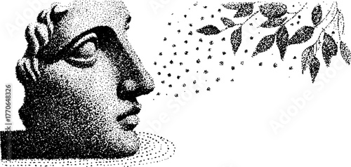 Black and white greek bust with botanical elements and halftone texture