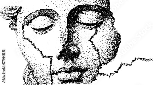Abstract black and white greek bust with closed eyes - vintage halftone illustration