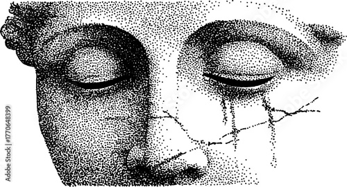 Black and white dotwork illustration of greek bust with eyes closed