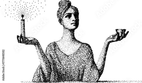 Black and white stipple illustration of a Greek goddess statue holding a candle and cup.
