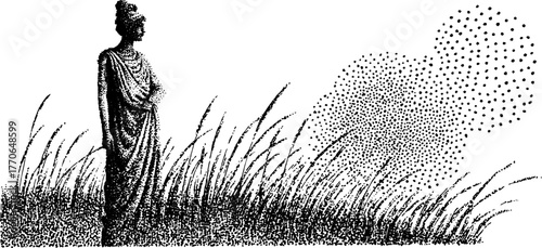 Greek goddess statue in nature with dotwork effect