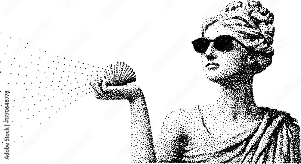 Fototapeta premium Trendy greek goddess statue wearing sunglasses holding shell - vintage black and white art