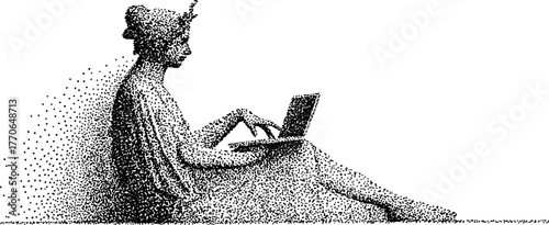 Vintage dotwork illustration of greek goddess statue typing on laptop for classical and modern art fusion