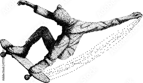 Dynamic black and white dotwork of greek hero statue in skateboarding action
