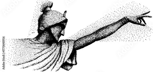 Black and white illustration of greek hero statue with outstretched arm