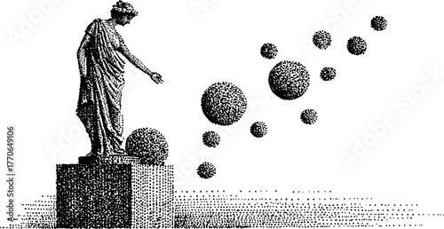 Greek statue with floating spheres in halftone style for art and design