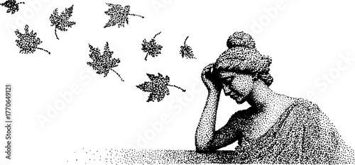 Greek statue with falling leaves in vintage halftone design for art prints