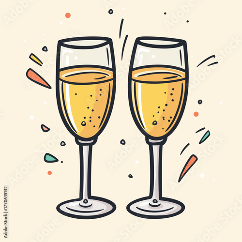 Two champagne flutes clinking together celebratory illustration with confetti details