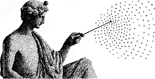 Greek statue educator with pointer in vintage halftone style - creative design for art and history
