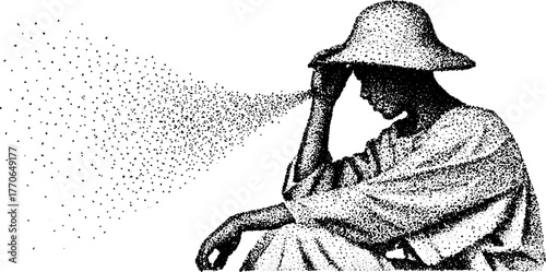 Greek statue in sun hat with stipple effect - black and white art for vintage design