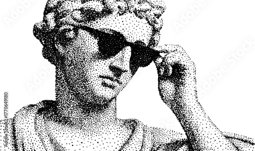 Greek statue with modern sunglasses in halftone style for artistic design
