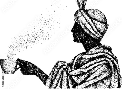 Vintage greek statue with turban and cup - black and white dotwork illustration